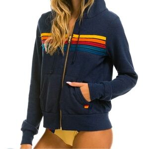 Aviator Nation Navy Zip Hoodie with Rainbow Chest Stripes